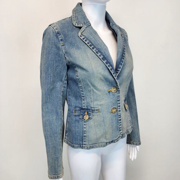 Vintage Y2K Old Navy Jean Denim Jacket Size S Distressed Stone Wash Peplum 2000s - Picture 5 of 15